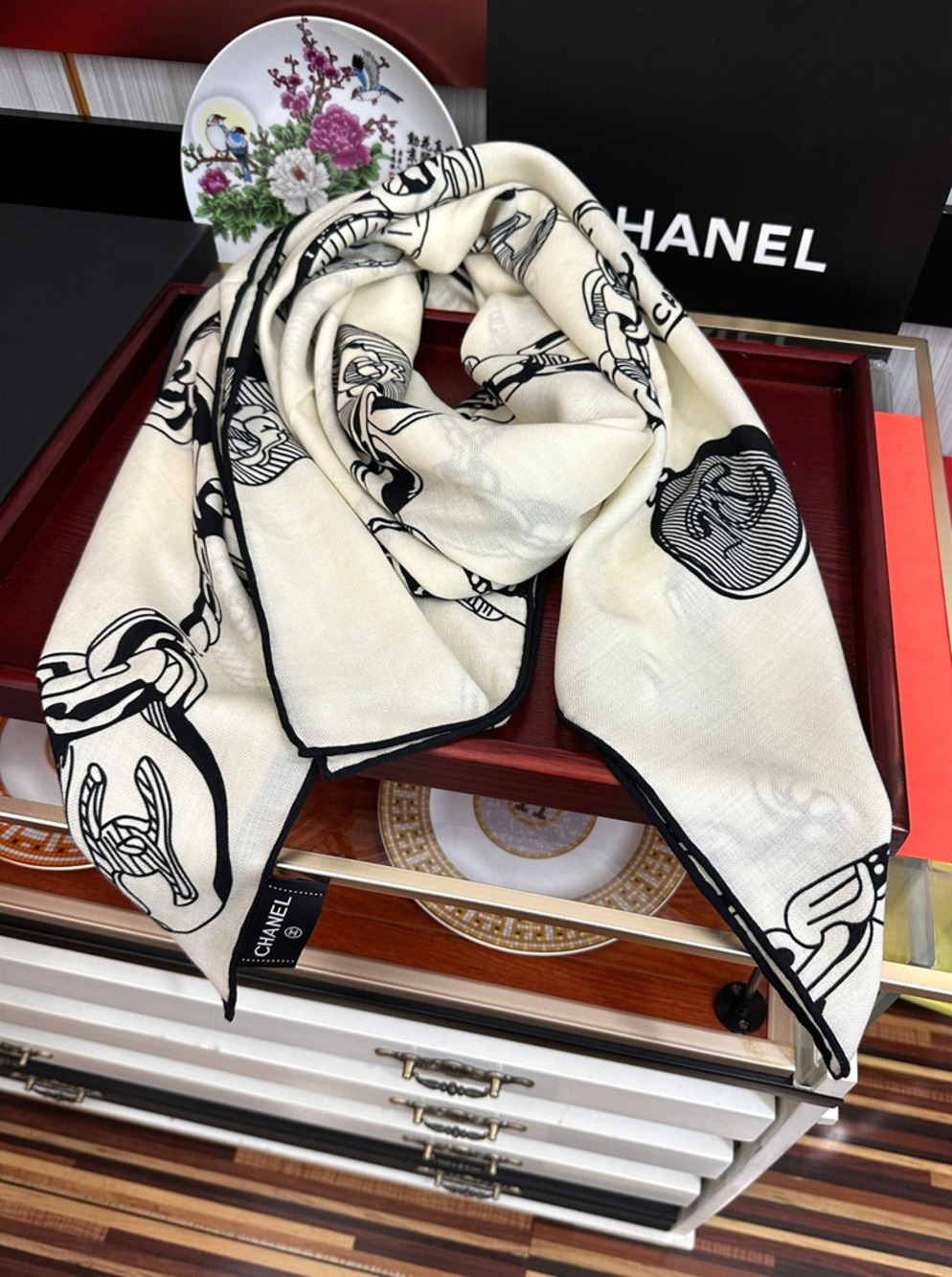 Chanel Chain‑Charm Print Large Square Scarf Cream Black Silk‑Cashmere